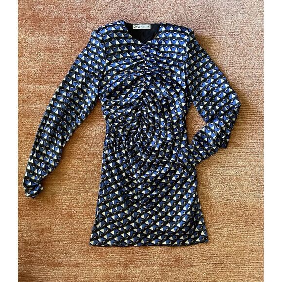 Zara Blue Geometric Print Mini Dress Ruched Long Sleeve Size S - Picture 1 of 9